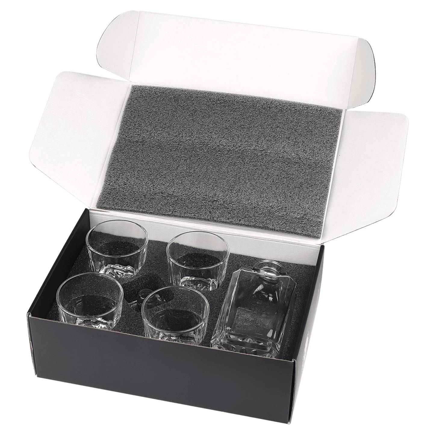 Polar Camel 750 mL Square Glass Decanter Set with Four 11 oz. Rocks Glasses in Black Gift Box with Printed Paper Sleeve